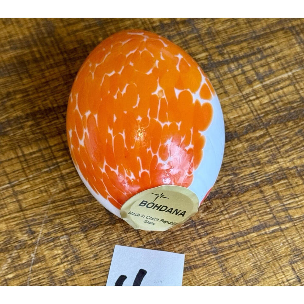 2 Vintage Bohdana Czech Art Glass Eggs Orange Red Spatter Hand Blown Paperweight - Picture 7 of 8